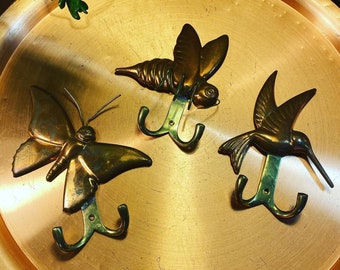 Copper and brass bee butterfly and hummingbird duel hooks for aprons and garden tools she sheds