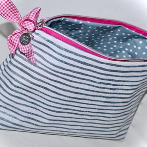 Kulturbeutel Kulturtasche gestreift in blau pink mit Glitzer