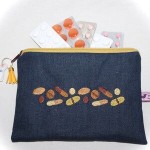 Könnte beinhalten: Eine dunkelblaue, gepolsterte Tasche aus Leinen mit einem gelben Reißverschluss und einem kleinen gestickten Design von Pillen. Die Tasche hat ein kleines Etikett mit dem Text "Spatz Home" darauf.