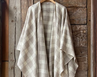 Beige checked Open cape poncho for women and men Merino wool blanket poncho Warm Wrap Shawl Cape Poncho Open Front Cardigan Beige ponchos