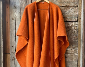 Poncho ouvert sur le devant, couverture en laine orange, poncho cape long en pure laine d'agneau orange, poncho pour femme ouvert sur le devant, cardigan cache-cœur en laine orange