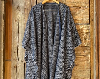 Navy blue wool blanket open front poncho cape wrap Blue&white lambswool/bamboo mix long poncho cape Ladies poncho open front wrap cardigan