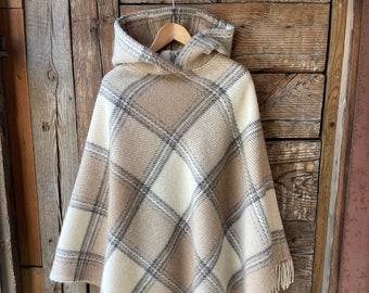 Beige wool blanket poncho cape in check Beige/cream white hooded poncho cape Long wool poncho cape cloak Beige lambswool ladies poncho cape