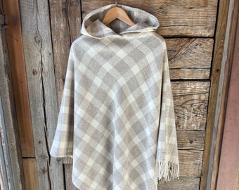 Beige merino blanket poncho cape with fringes Pure wool hooded ladies poncho in check Beige wool poncho cape Merino&lambswool mix poncho