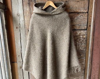 Brown wool blanket poncho cape with hood Lambswool brown hooded poncho cape with fringes Long wool poncho Wool blanket poncho