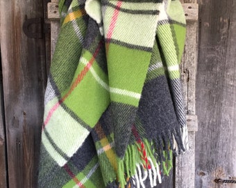 Pure wool throw blanket Green/grey large check labmbswool throw blanket with fringes Sheep wool blankets throws 55''X81''/140X205 cm