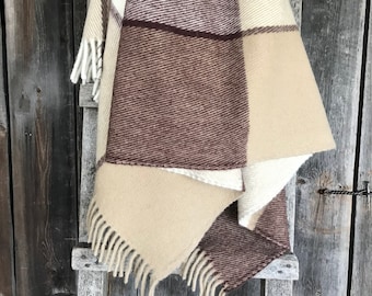 Pure wool throw blanket XL size Brown/beige large check wool throw blanket with fringes Large check wool throws blankets 67''X82''/170X210cm