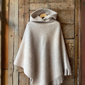 Beige wool blanket poncho cape with hood Light beige hooded poncho cape with fringes Long wool poncho cape Lambswool blanket poncho cape