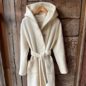 Cream white long lambswool robe coat with hood, pockets and tie belt Pure wool milk white hooded robe coat soft and warm  Beautiful gift