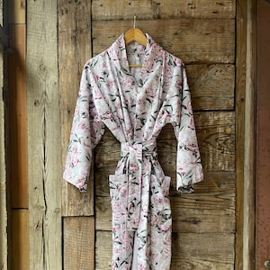 Peony kimono robe Cotton satin peony print robe Pink cotton satin kimono robe Launchwear Grey/pink peony robe Pure cotton peony print robe