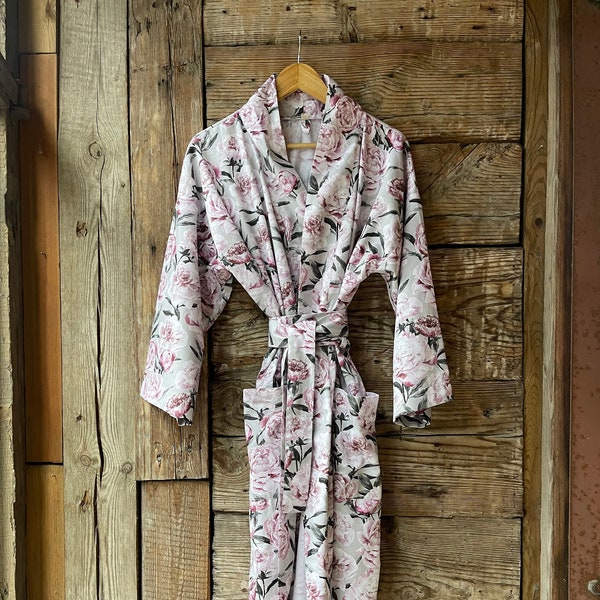 Peony kimono robe Cotton satin peony print robe Pink cotton satin kimono robe Launchwear Grey/pink peony robe Pure cotton peony print robe