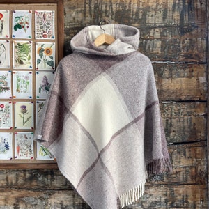 Beige wool blanket poncho cape with hood and fringes Beige hooded poncho large check Long wool poncho cape Hooded lambswool poncho checked image 1