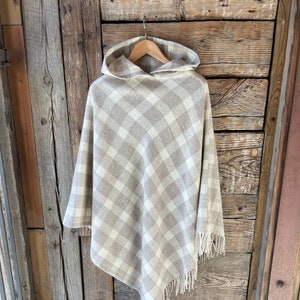 Beige merino blanket poncho cape with fringes Pure wool hooded ladies poncho in check Beige wool poncho cape Merino&lambswool mix poncho