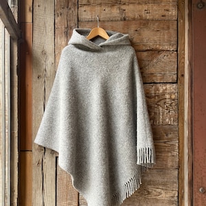 Grey wool ladies poncho cape with hood and fringes Light grey wool blanket poncho capes Hooded long poncho cape Grey Blanket poncho cape