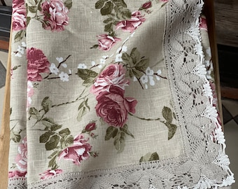 Floral linen tablecloth linen Laced Pure linen tablecloth Dining linen Vintage Roses pure linen tablecloths beautiful linen lace ~5cm/2''