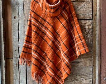 チェック柄のフード付きオレンジウールポンチョケープ オレンジ