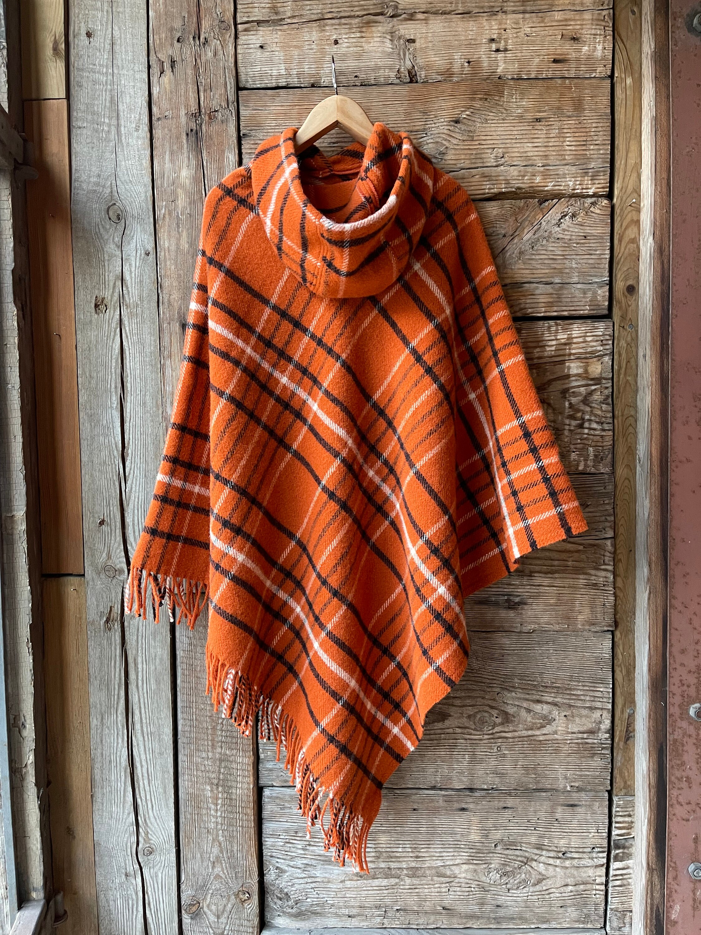 Orange Wool Poncho Cape Hooded in Check Orange Poncho Cape
