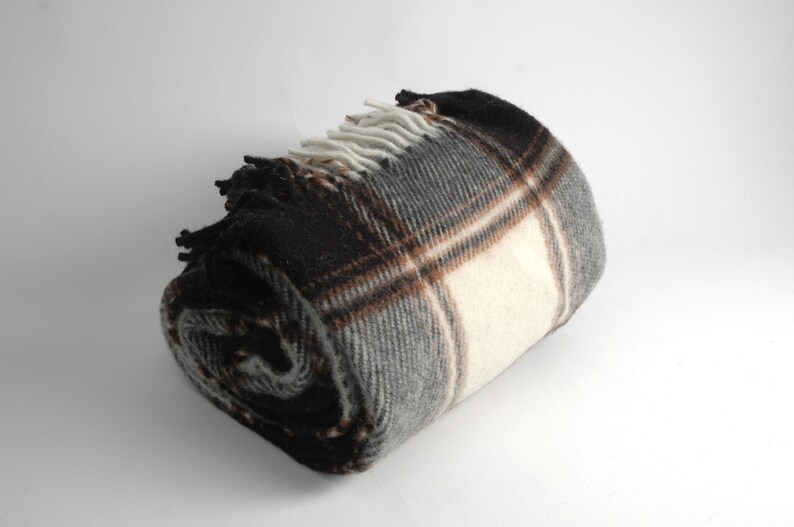 May include: A rolled up plaid throw blanket with brown, white and grey stripes. The blanket has a fringe edge.