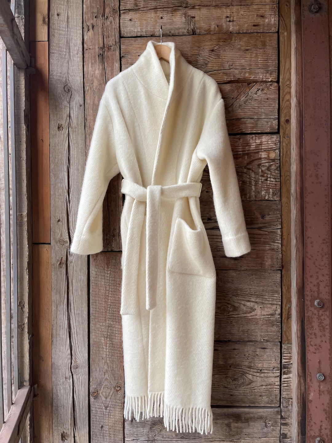 Cream White Long Lambswool Robe Coat With Fringes and Tie Belt Pure