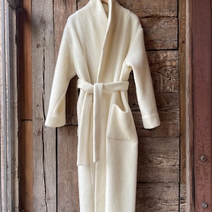 Cream white long lambswool robe coat with fringes and tie belt Pure wool milk white robe coat soft and warm with pockets Beautiful gift