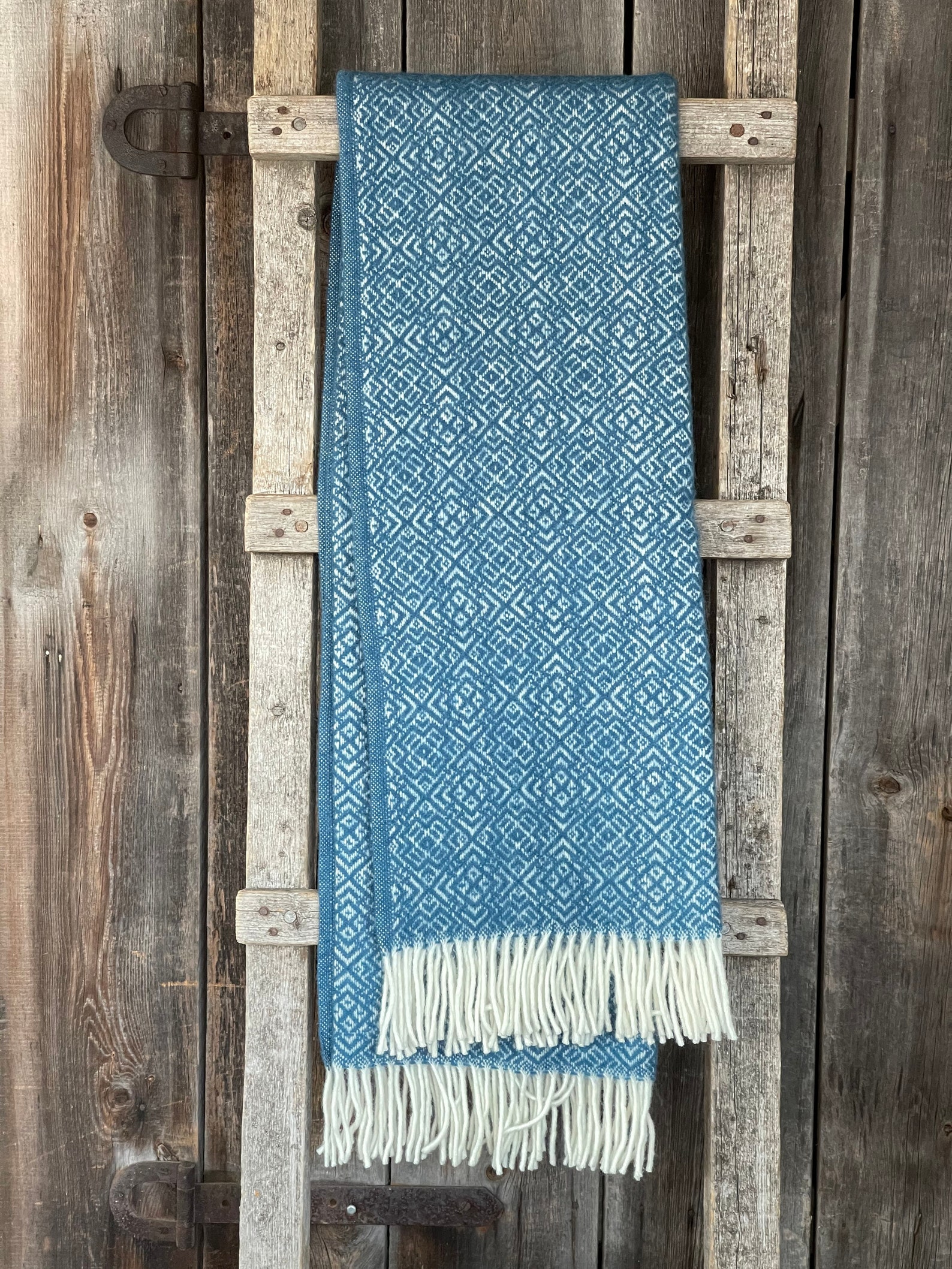 Bright blue wool throw blanket with white fringes small ethno Etsy