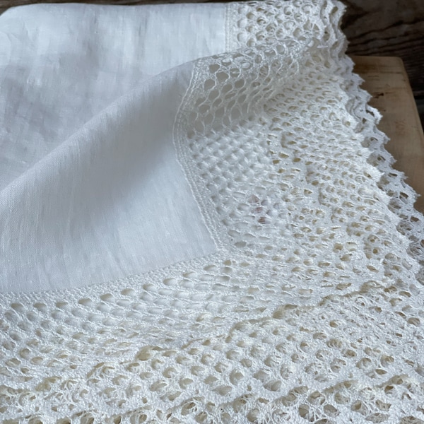 Mantel de lino blanco Mantel de lino con cordones Mantel de comedor encaje de lino Mantel de lino puro blanquecino Hermoso encaje de lino ~6cm/2.4''