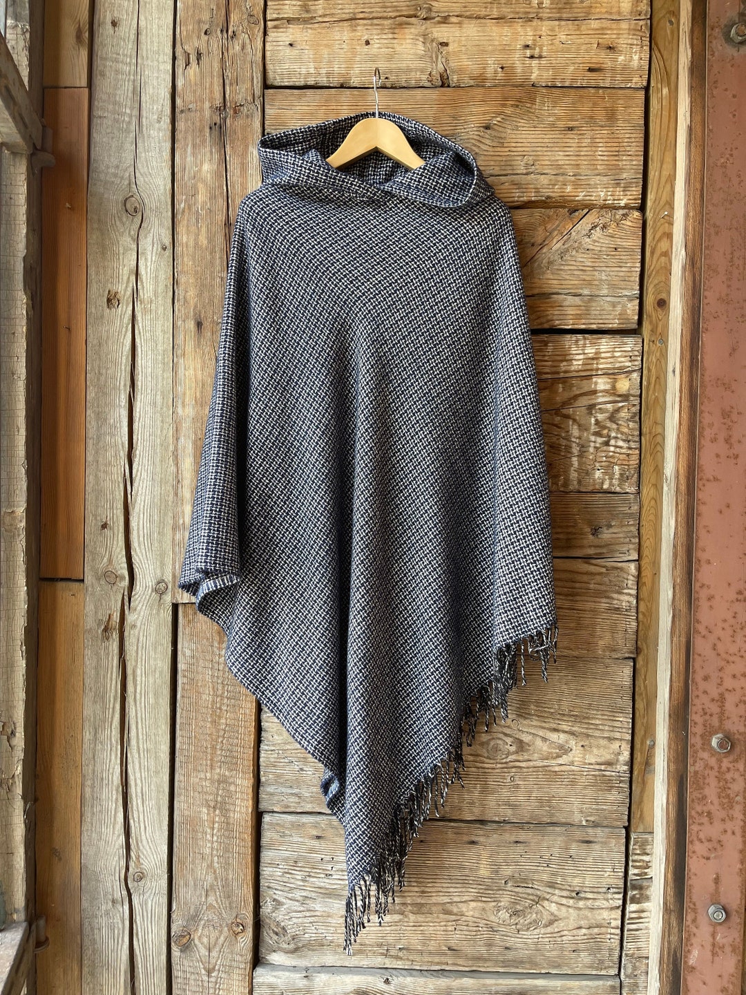 Navy Blue Wool Blanket Poncho Cape Blue&white Lambswool/bamboo Mix Long
