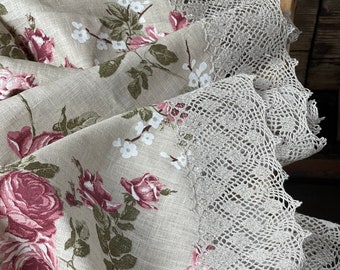 Vintage roses linen tablecloth Laced Pure linen tablecloth Dining linen Vintage Roses pure linen tablecloths beautiful grey lace ~9cm/3.54''
