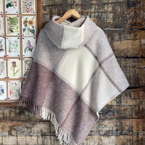 Beige wool blanket poncho cape with hood and fringes Beige hooded poncho large check Long wool poncho cape Hooded lambswool poncho checked image 5