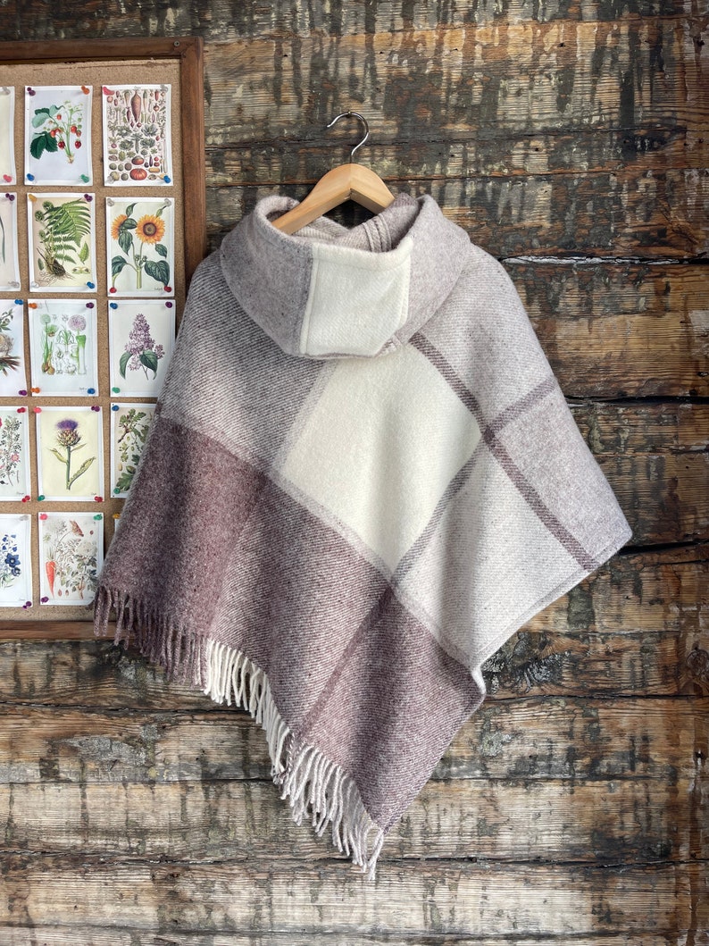 Beige wool blanket poncho cape with hood and fringes Beige hooded poncho large check Long wool poncho cape Hooded lambswool poncho checked image 5