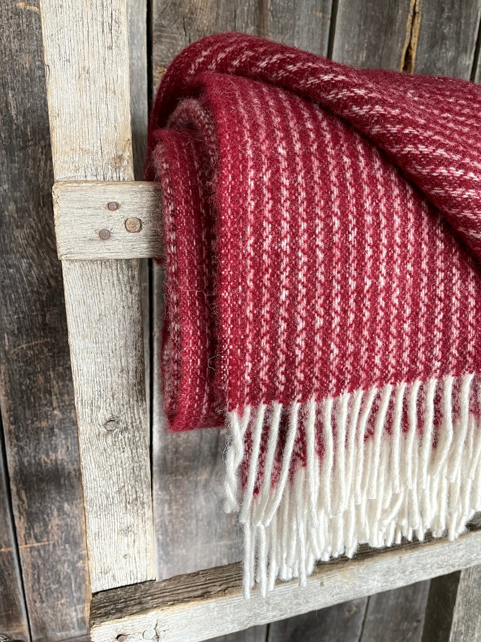 Wine Red/white Wool Throw Blanket With Fringes Pure Wool Etsy
