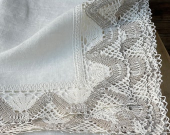Mantel de lino blanco, Mantel de lino con cordones, Mantel de comedor, Mantel de lino blanco encaje de lino Hermoso encaje de lino blanco/gris natura