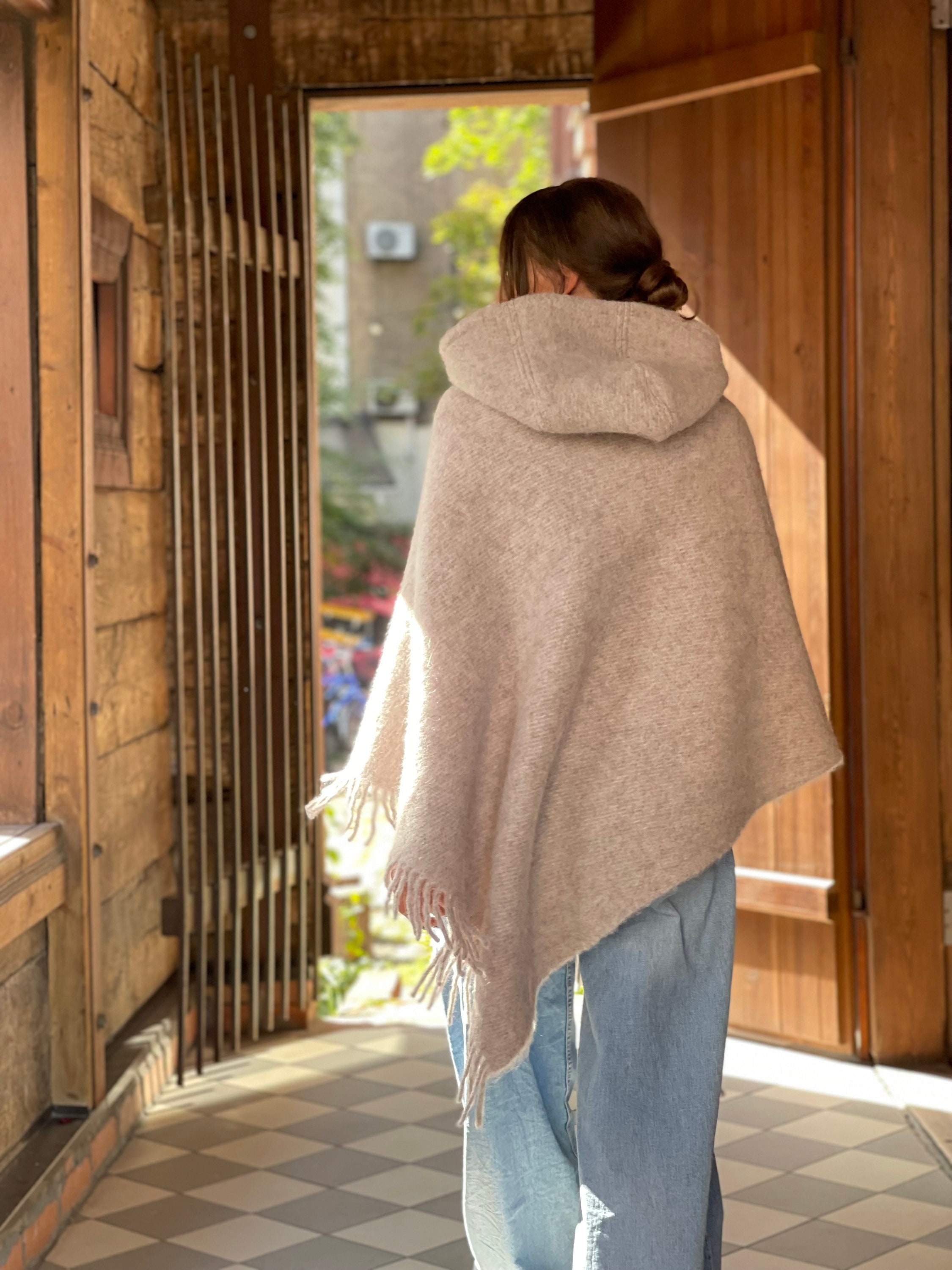 Beige Hooded Lambswool Poncho Cape With Fringes Ladies