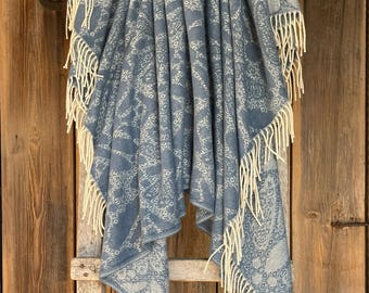 Navy blue merino wool throw blanket Pure wool Navy blue/white throws blankets white fringes Sofa throw warm breathable 51''X79''/130X200cm