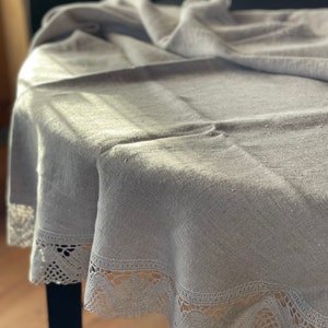 Round linen tablecloth laced Natural grey linen tablecloths laced Dining tablecloth Grey linen tablecloth with linen lace width ~2,7&#39;&#39;/7cm