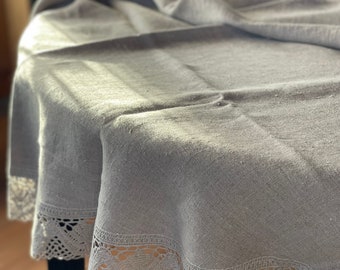 Round linen tablecloth laced Natural grey linen tablecloths laced Dining tablecloth Grey linen tablecloth with linen lace width ~2,7''/7cm
