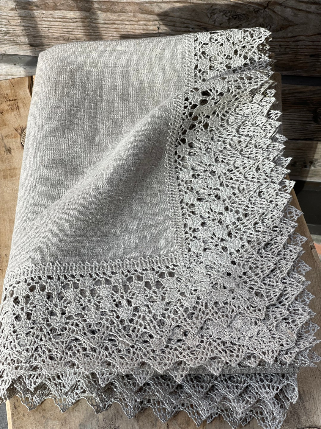 Grey Linen Tablecloth With Linen Lace Floral Ornament Dining Tablecloth