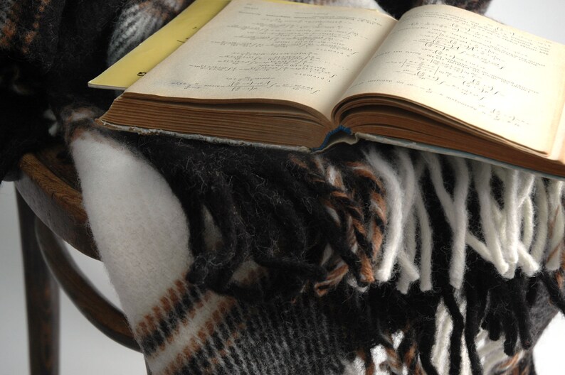 May include: A vintage book with handwritten notes lies open on a brown and white plaid blanket with fringe.
