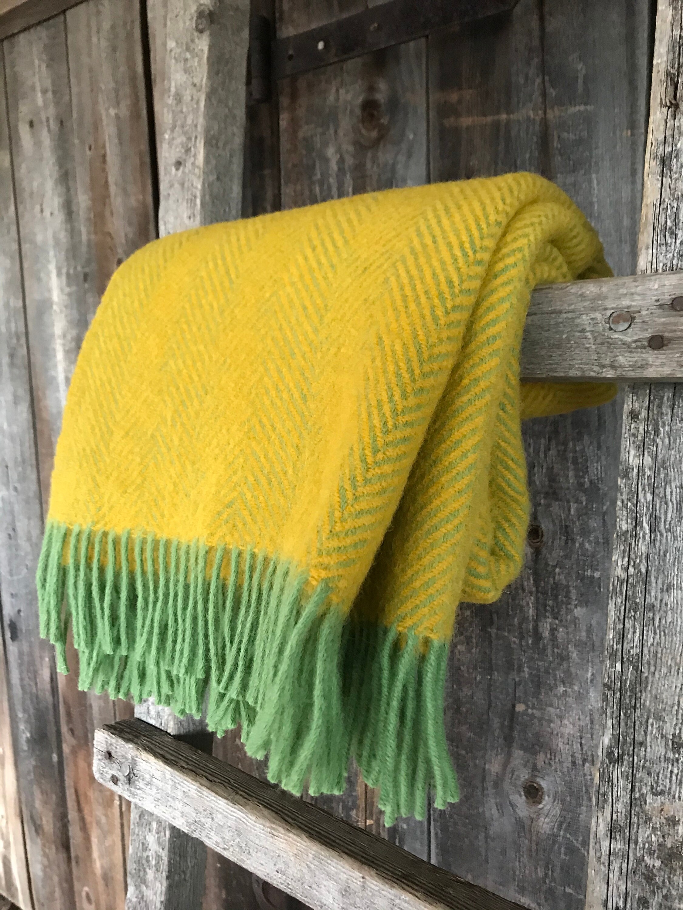 Mustard yellow wool throw blanket with green fringes Etsy