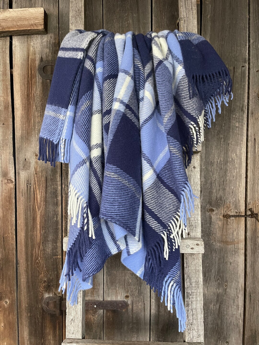 Navy Blue Wool Throw Blanket in Check Pure Wool Throw Blanket Etsy