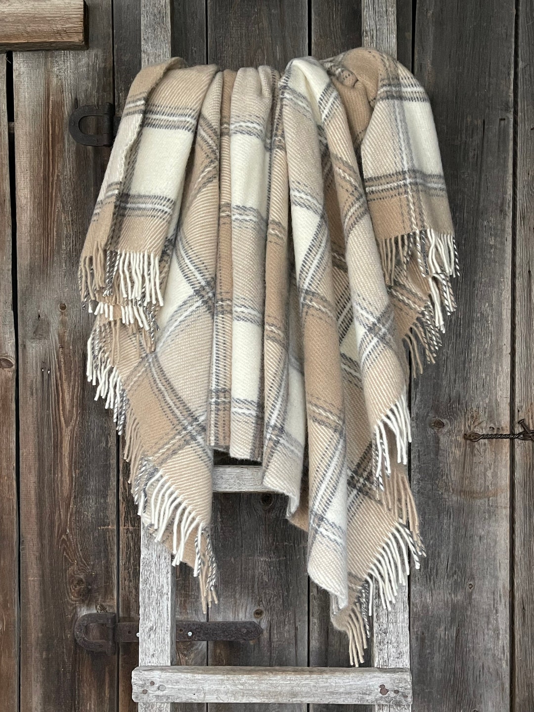 Beige Wool Throw Blanket in Check Beige/milk White/grey Checked