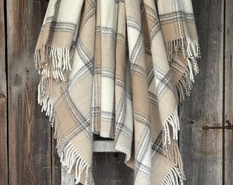 Beige wool throw blanket in check Beige/Milk white/grey checked Lambswool throw blanket warm and breathable 55''X81''/140X205cm Perfect gift