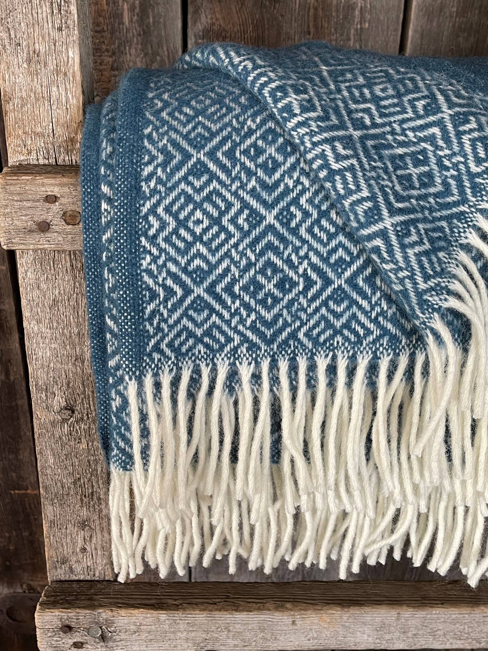 Bright blue wool throw blanket with white fringes small ethno Etsy