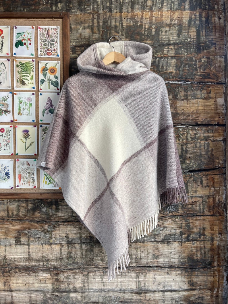 Beige wool blanket poncho cape with hood and fringes Beige hooded poncho large check Long wool poncho cape Hooded lambswool poncho checked image 1