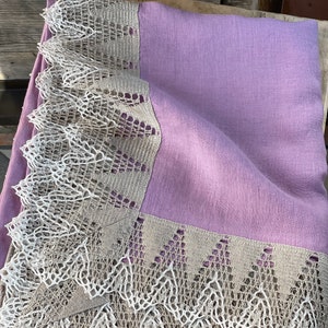 Lavender linen tablecloth, Laced linen tabletcloth, Dining tablecloth, Lilac linen tablecloth linen lace Purple linen tablecloth grey lace