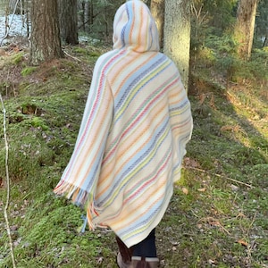 White wool poncho cape with hood Ladies poncho Multicoloured hooded wool blanket poncho cape Long wool poncho cape Wool blanket hooded cloak