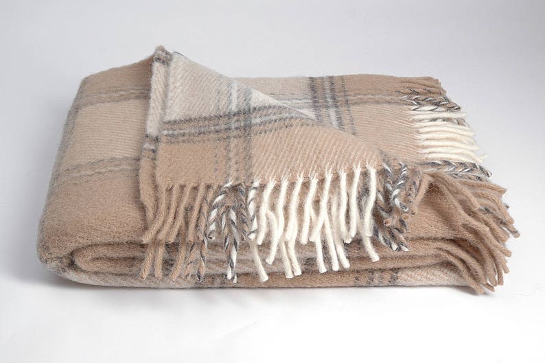 Pure Wool blanket with fringes Milk whiteSand beige check Lambswool blanket Pure wool throws Wool throw 55/'/'X81/'/'140X205cm Perfect gift