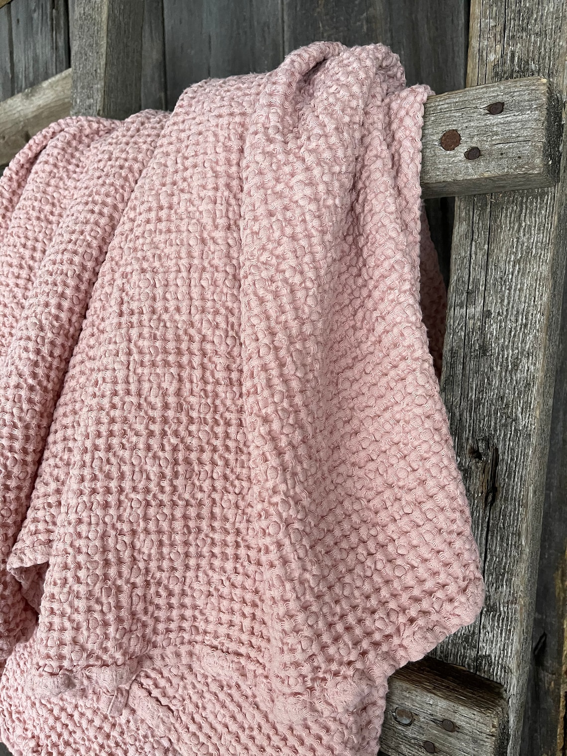 Dusty rose waffle linen bed throw blanket Soft pink waffle Etsy