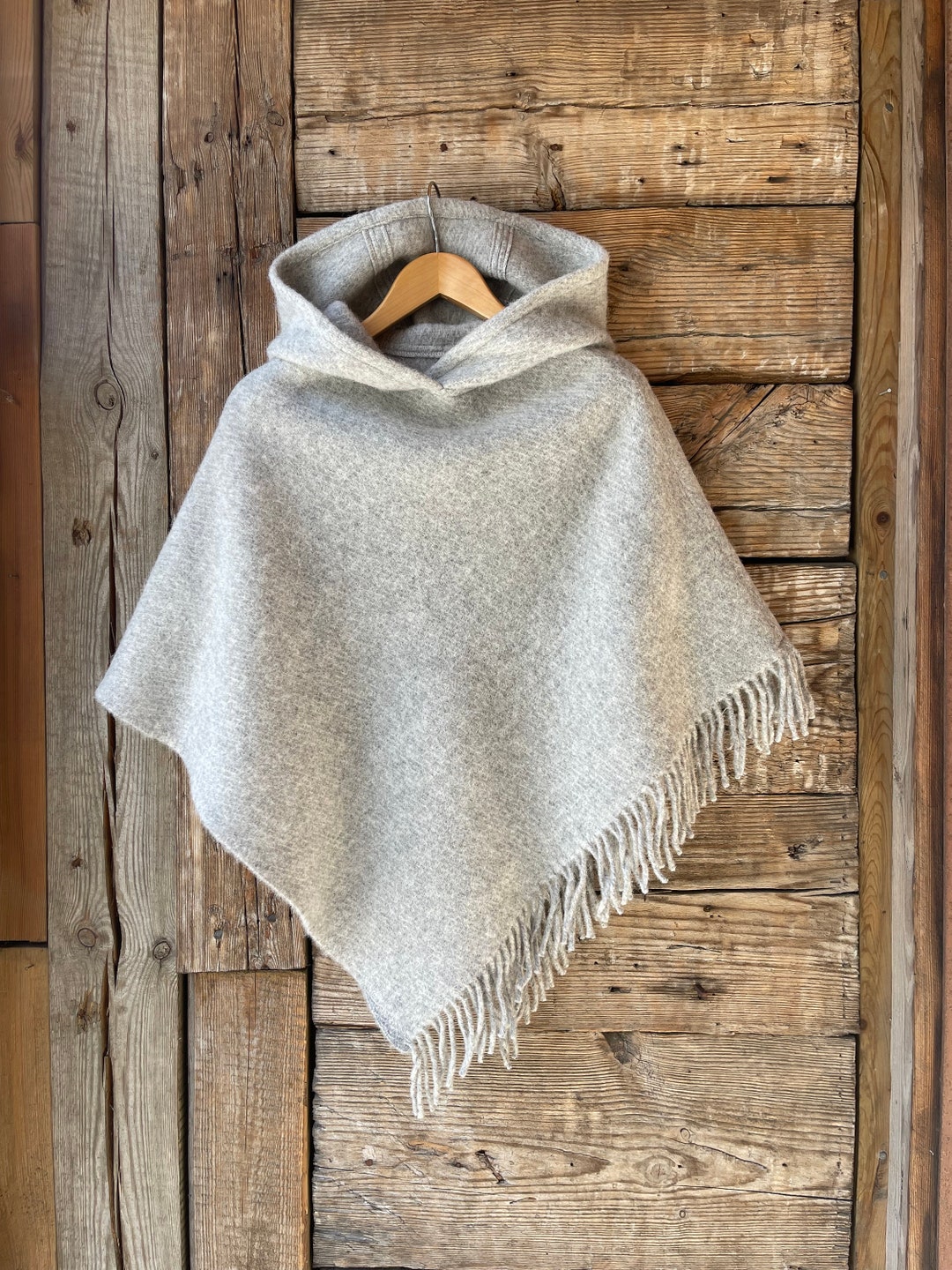 Grey Wool Blanket Poncho Cape Hooded With Fringes Light Grey Lambswool