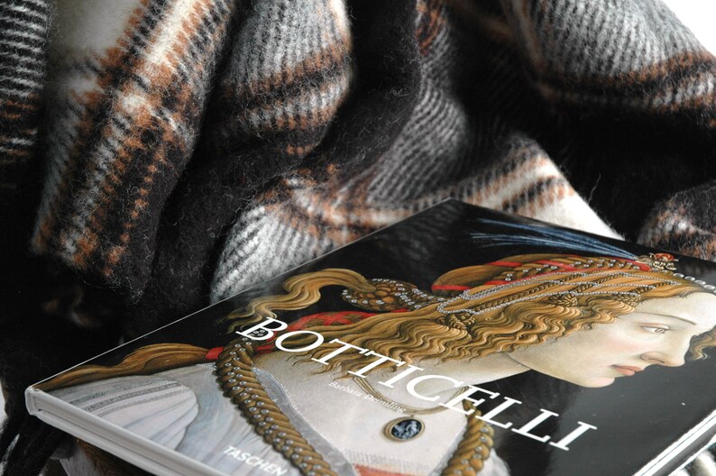 May include: A close-up of a book titled "Botticelli" featuring a painting of a woman with long, flowing hair and a gold necklace. The book is partially covered by a brown and black checked blanket.